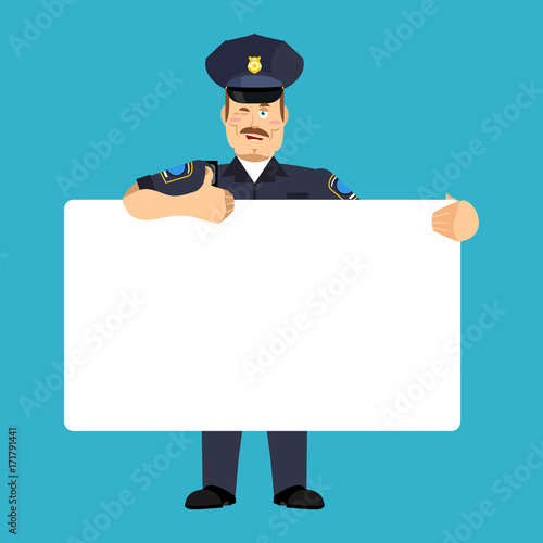 Policeman holding banner blank. police officer and white blank. cop joyful emotion. constable and place for text. Vector illustration