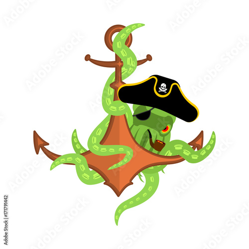 Pirate Octopus and anchor. filibuster devilfish and ship armature. Vector illustration