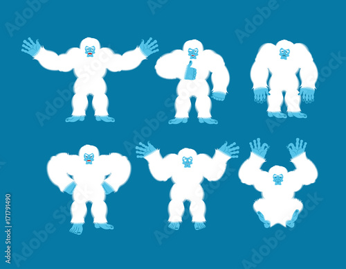 Yeti set poses and motion. Bigfoot happy and yoga. Abominable snowman sleeping and angry. Monster guilty and sad. Vector illustration