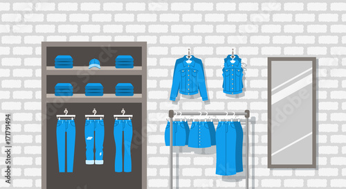 Jeans clothes shop indoor interior. Flat vector background. Women casual outfit store. Denim garments hanging on hanger rack. Cotton pants lie on shelves. Large mirror on a brick wall