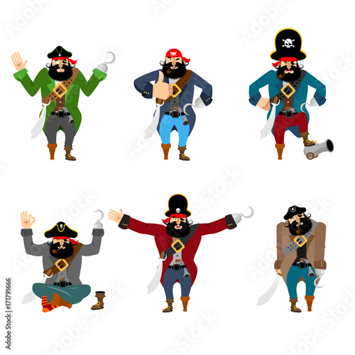 Pirate set poses and motion. filibuster happy and yoga.  buccaneer sleeping and angry. rover guilty and sad. Vector illustration