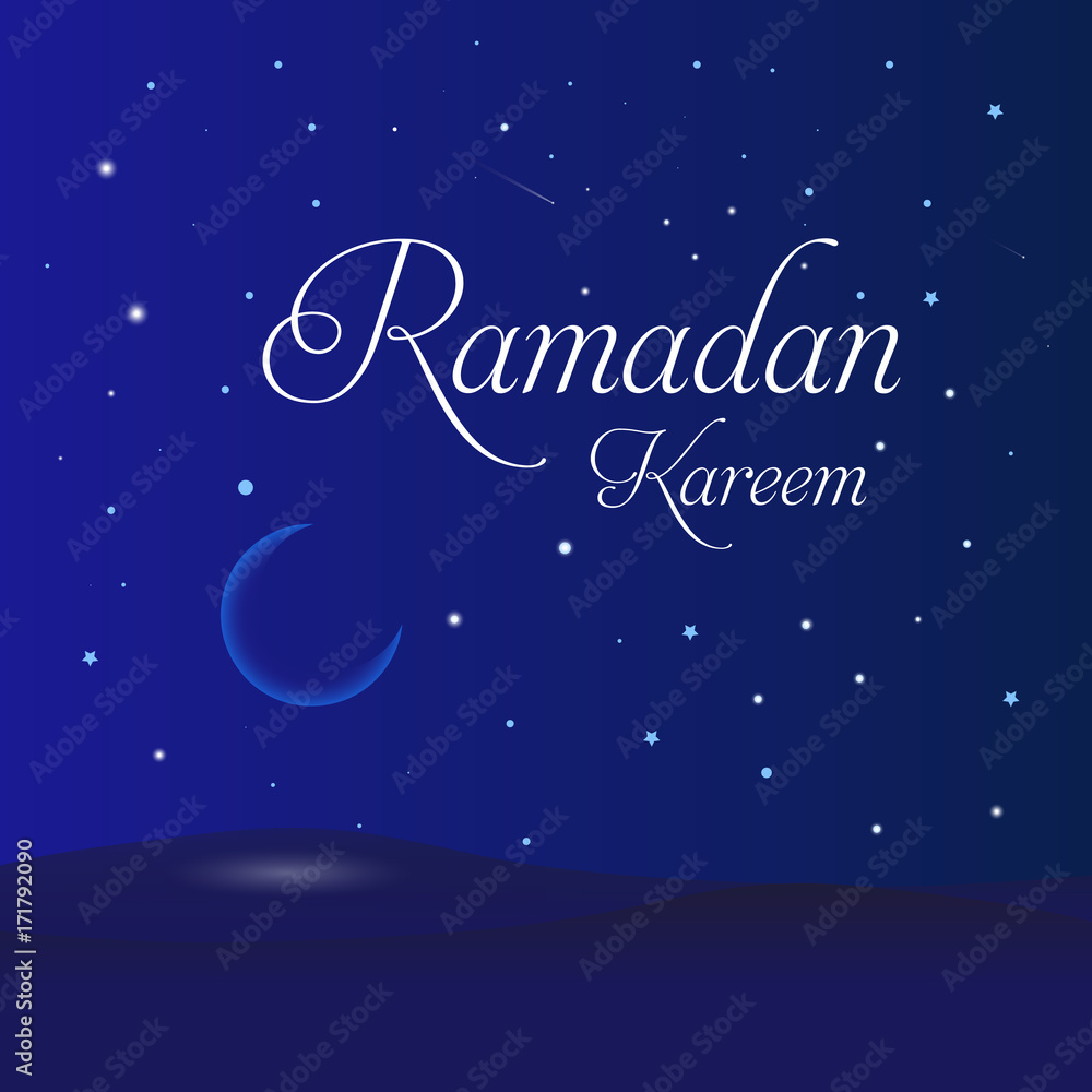 Vector Illustration Ramadan Kareem. Greeting card with calligraphy big moon, stars, night desert. Ramadan Kareem background.