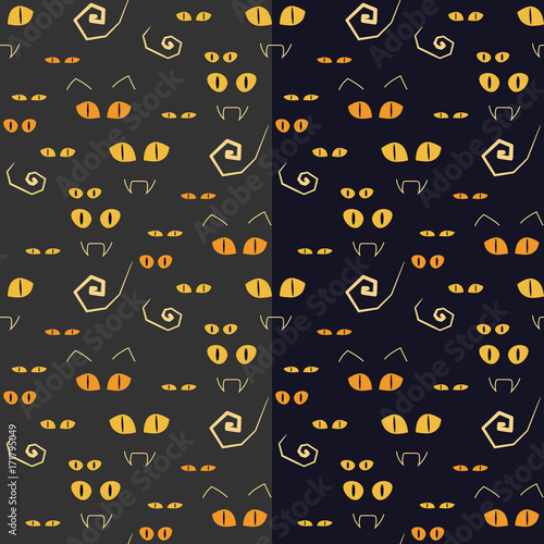 Halloween seamless pattern with yellow and orange eyes, fangs and ears