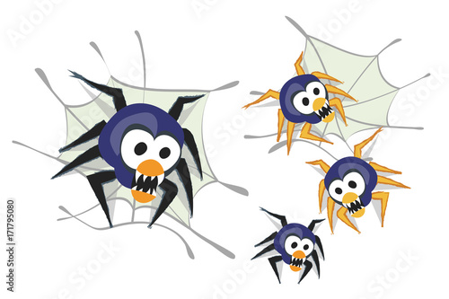 Scary spider with big eyes and sharp teeth sitting on its web, isolated vector