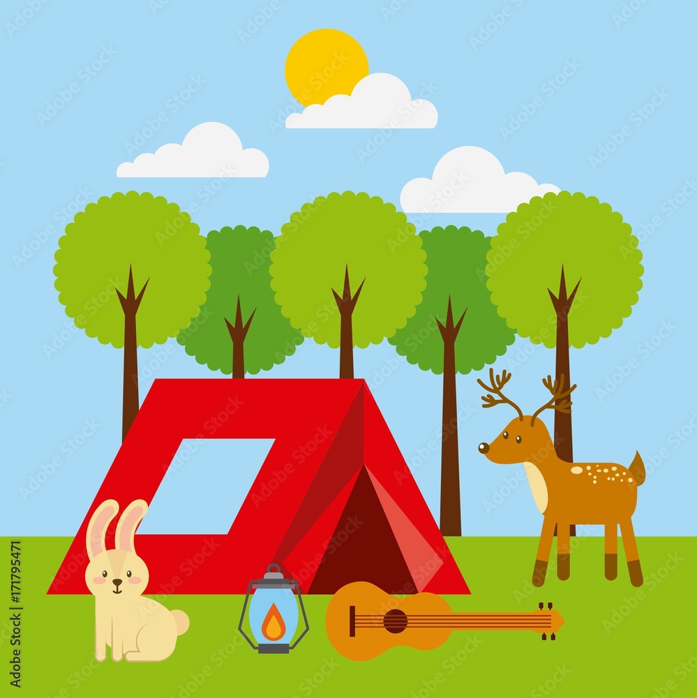 Naklejka premium forest outdoor camp tent animlas guitar and lantern vector illustration