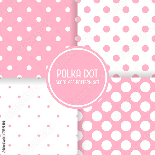Polka dot seamless pattern background set. Pink and white vector illustration.