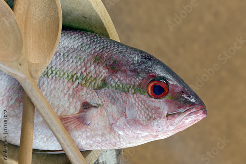 Fish in wooden trough, ready to prepare photo