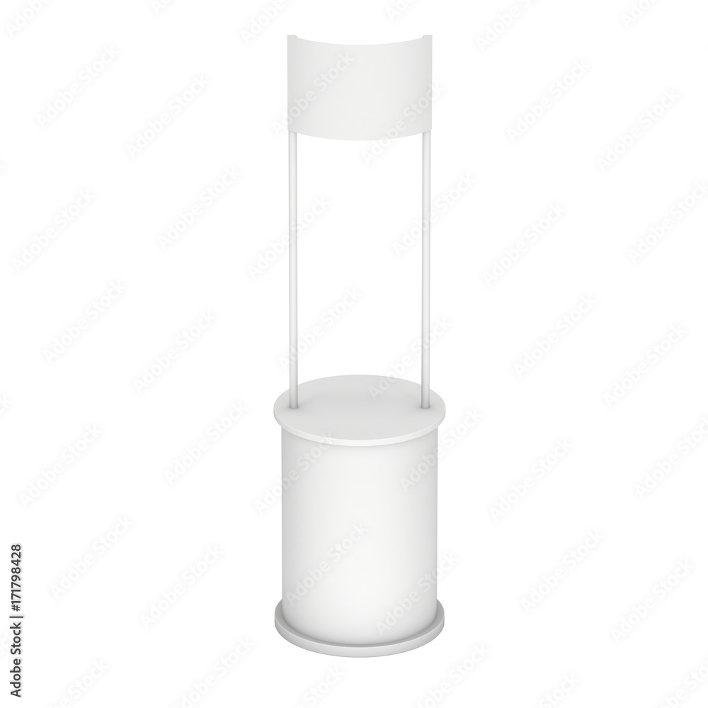 Stall or Kiosk Modern Promostand Reception Desk. Trade show booth white and blank. 3d render illustration isolated on white background. Template mockup for your expo design. Stall or Kiosk Modern Promostand Reception Desk. Trade show booth white and blank. 3d render illustration isolated on white background. Template mockup for your expo design.