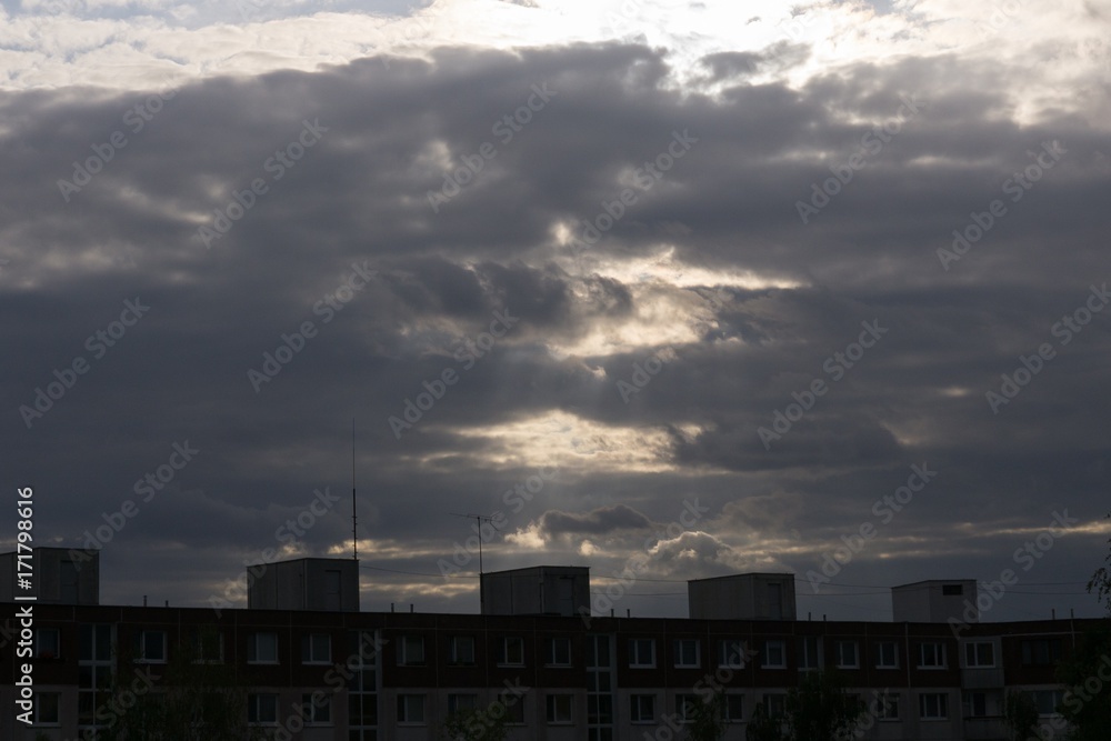 Sunrise and sunset over the buildings in the Zilina city. Slovakia