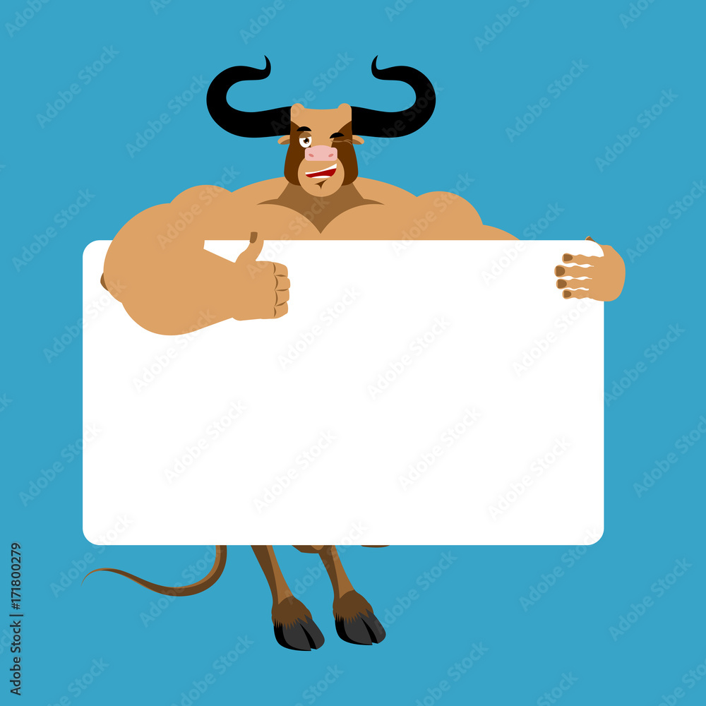 bull holding banner blank. Minotaur and white blank. buffalo joyful  emotion. Big monster with horns and place for text. Vector illustration  Stock Vector | Adobe Stock