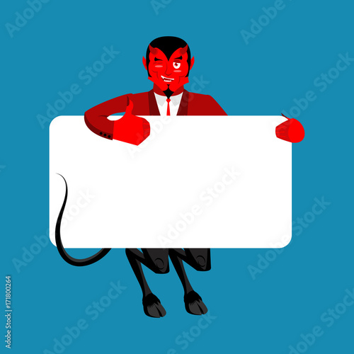Red devil holding banner blank. Satan and white blank. Demon joyful emotion. Boss of hell and place for text. Vector illustration