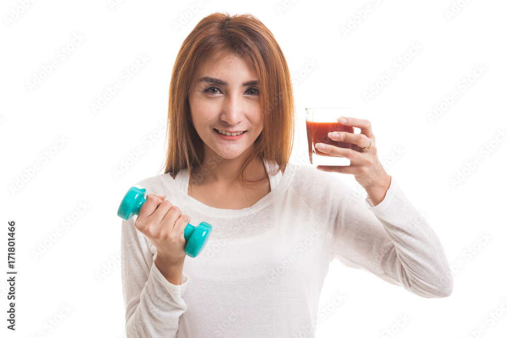 Healthy Asian woman with dumbbell and tomato juice. Healthy Asian woman with dumbbell and tomato juice.
