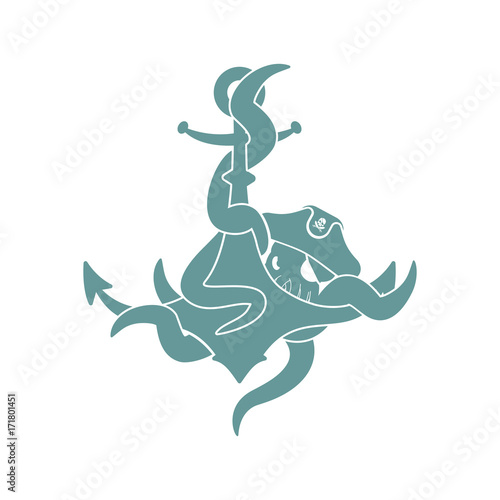 Pirate Octopus and anchor. filibuster devilfish and ship armature. Vector illustration