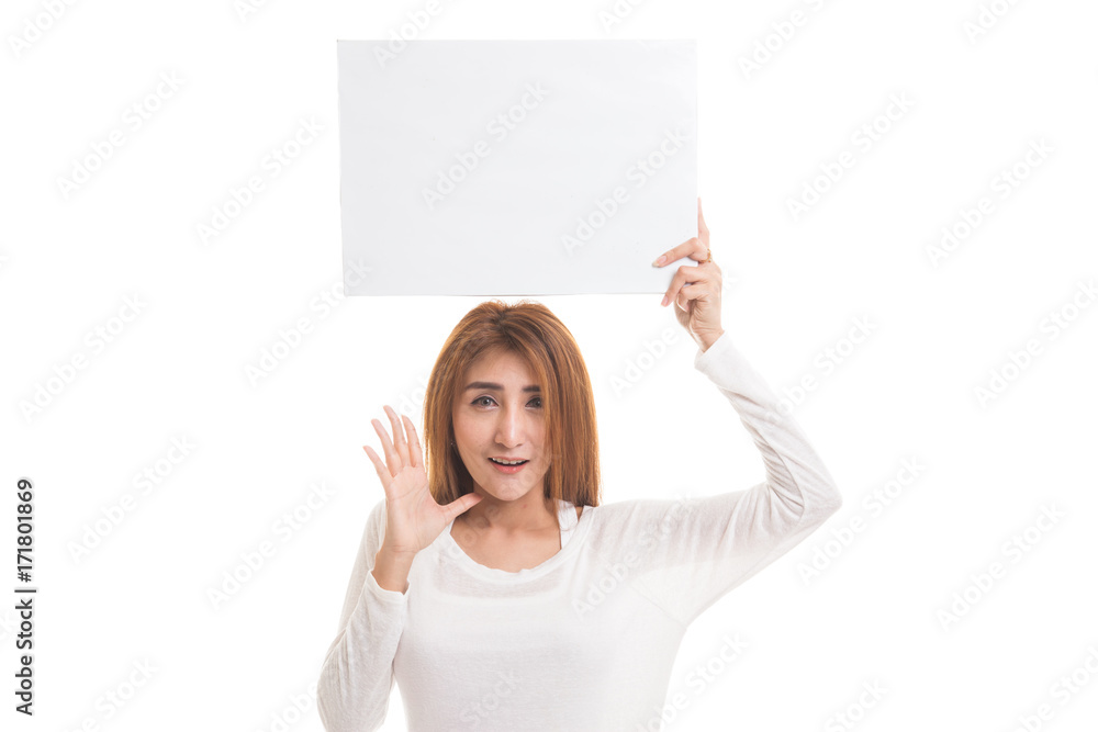 Young Asian woman surprise with white blank sign. Young Asian woman surprise with white blank sign.