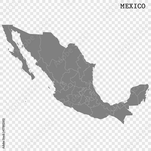  High quality map of  mexico with borders of the regions or counties