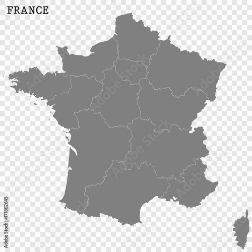  High quality map of France with borders of the regions or counties