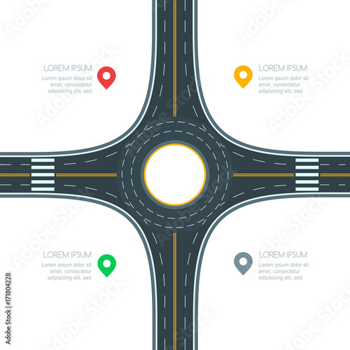 Roundabout road junction, isolated on white background, vector illustration. Infographics template with copy space. Empty asphalt crossroad with marking. Street traffic and transport design template.