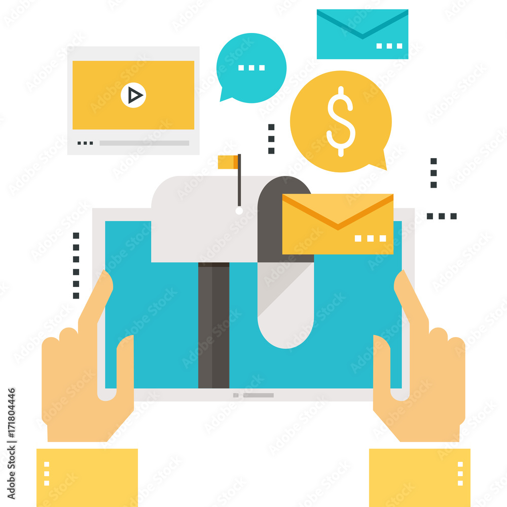Email marketing, inbox message, email news, subscription, promotion, video message flat vector illustration design for mobile and web graphics Email marketing, inbox message, email news, subscription, promotion, video message flat vector illustration design for mobile and web graphics