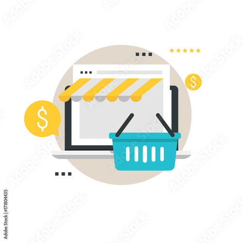 Online store, online shopping, e-shopping, e-commerce, purchasing online, sale, discounts, savings flat vector illustration design for mobile and web graphics