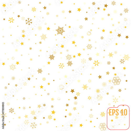 Star and Snowflake pattern. white, background, gold, gift wrap. Vector illustration.