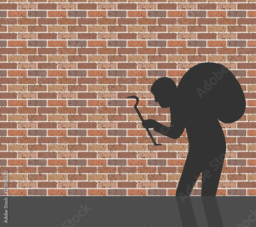 Burglar in front of brick wall, vector