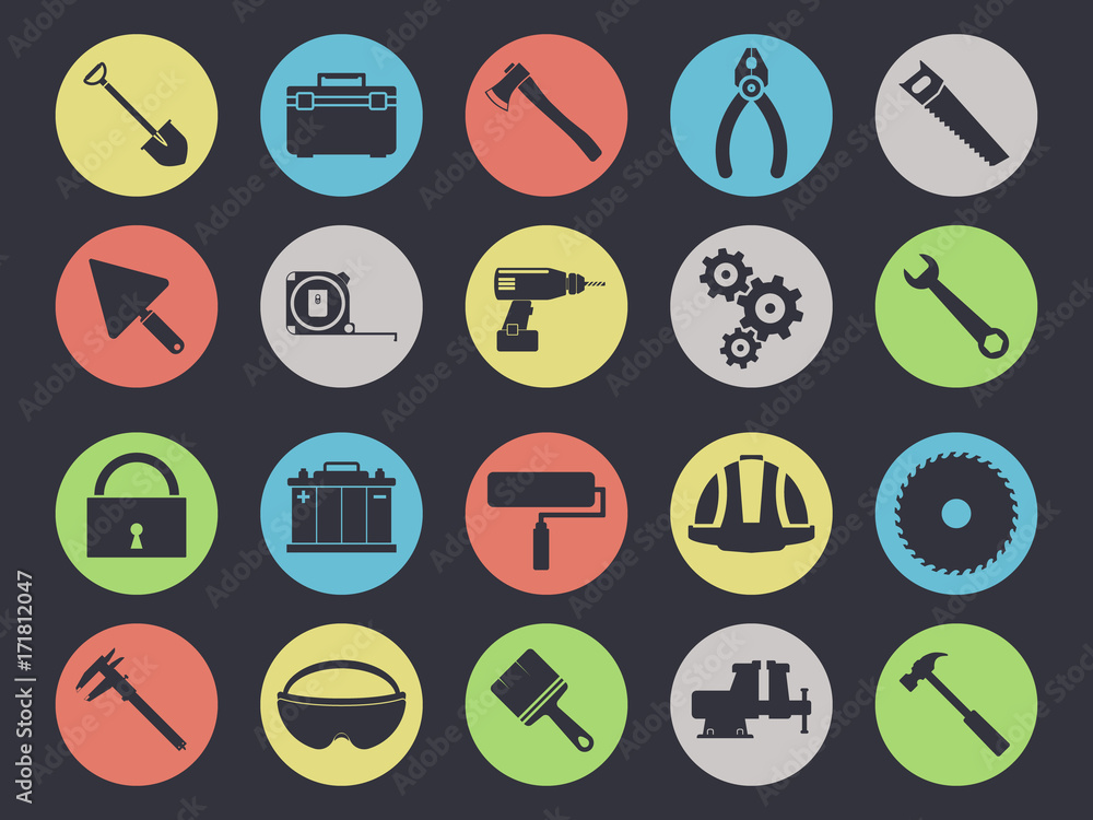 Work tools icons set isolated on black