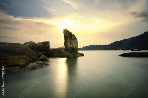 travel destination, stunning sea view with sunset background. soft focus due to long exposure shot