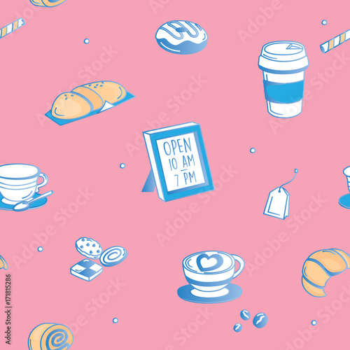 Vector pattern illustration of cafe objects on pink background.	
