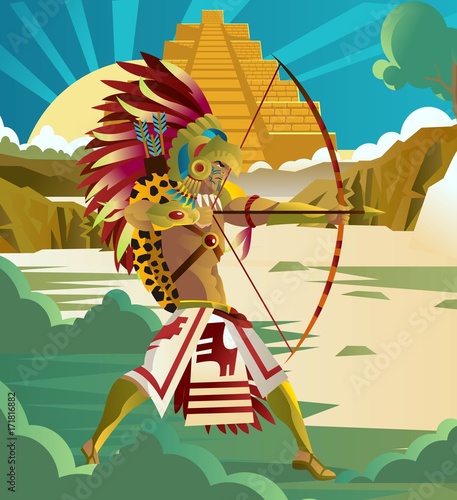 aztec warrior with bow and arrow in the jungle