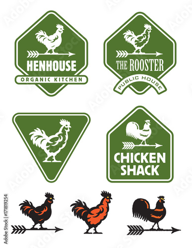 Chicken, hen or rooster logos and badges.
Set of seven rustic vector illustrations and emblems featuring assorted chicken and weather vane designs