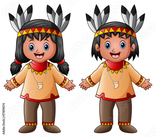 Cartoon children native Indian American 