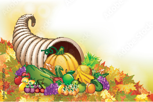 Autumn cornucopia horn of plenty with fruits