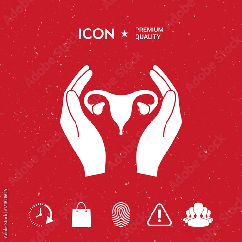 Hands holding Female uterus - protection icon