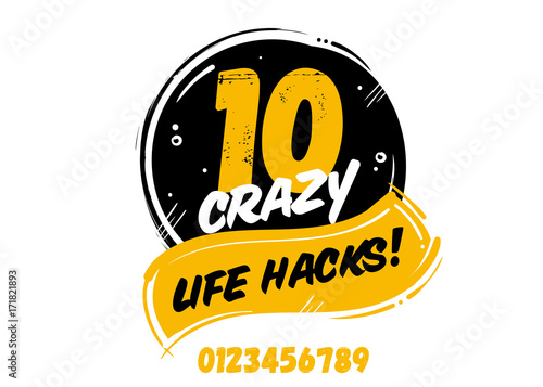 10 Crazy Life Hacks Vector Badge, Isolated on White. Icon for Helpful Tips.
