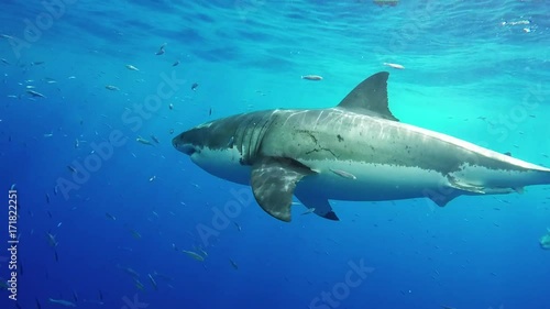 Great white shark swims by bait, POV