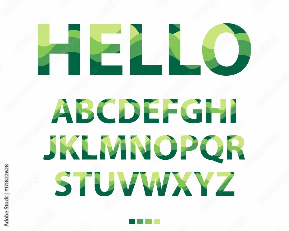 Vector of stylized uppercase green and yellow font. Colorful alphabet on white background. Vector of stylized uppercase green and yellow font. Colorful alphabet on white background.