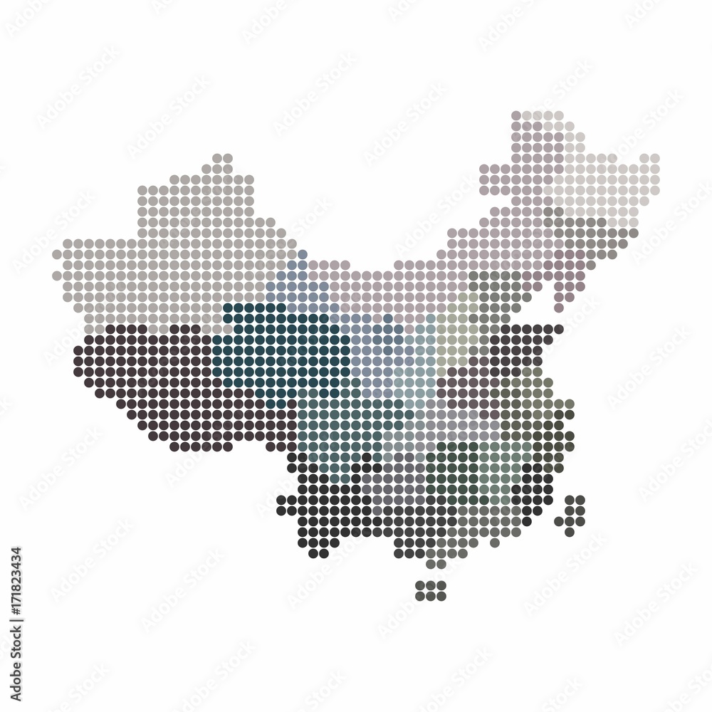 China and Taiwan Map of circle shape with the provinces colored in blue colors on a gold background. Vector illustration dotted style.