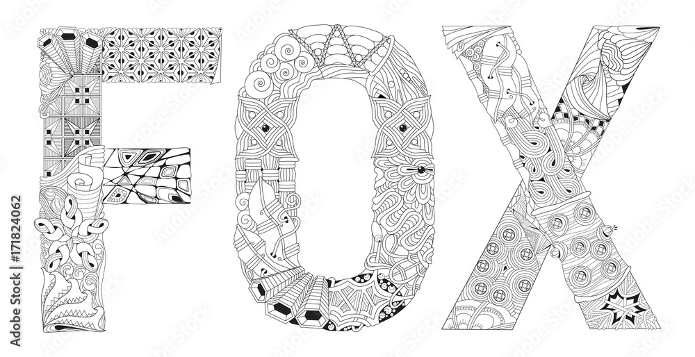 Word FOX for coloring. Vector decorative zentangle object