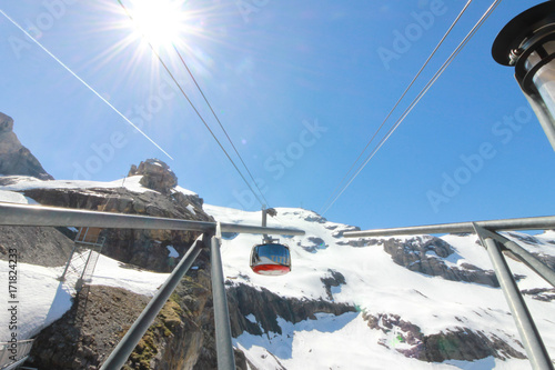 Mt. Titlis, Switzerland - 19 May, 2016:From the viewpoint through the glass windows in the 360 degree panoramic cable car, the popular tourist attractions of Switzerland. photo