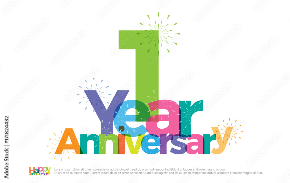 1 year anniversary celebration colorful logo with fireworks on white background. 1st anniversary logotype template design for banner, poster, card vector illustrator - obrazy, fototapety, plakaty 