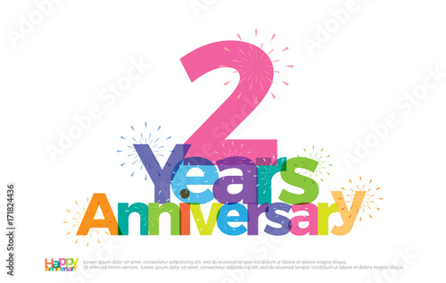 2 years anniversary celebration colorful logo with fireworks on white background. 2nd anniversary logotype template design for banner, poster, card vector illustrator