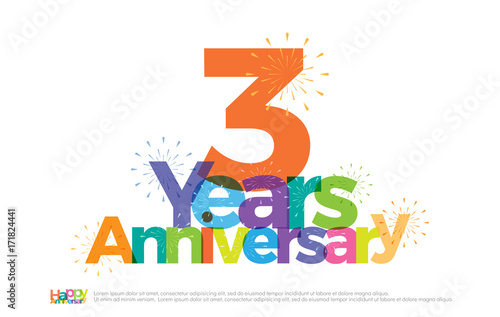 3 years anniversary celebration colorful logo with fireworks on white background. 3rd anniversary logotype template design for banner, poster, card vector illustrator