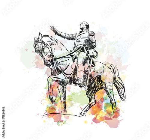 Watercolor sketch of General George Washington Equestrian Statue at Union Square in Manhattan, USA in vector illustration.