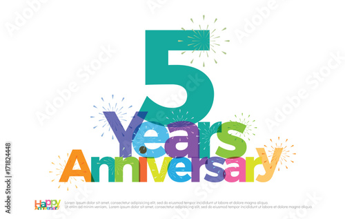 Obraz na płótnie 5 years anniversary celebration colorful logo with fireworks on white background