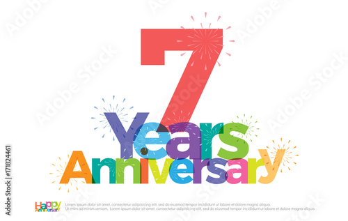 7 years anniversary celebration colorful logo with fireworks on white background. 7th anniversary logotype template design for banner, poster, card vector illustrator