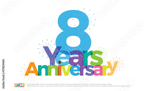 8 years anniversary celebration colorful logo with fireworks on white background. 8th anniversary logotype template design for banner, poster, card vector illustrator