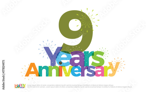 9 years anniversary celebration colorful logo with fireworks on white background. 9th anniversary logotype template design for banner, poster, card vector illustrator