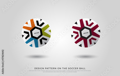 design pattern on the soccer ball. red, green, orange and blue color on the football mock up. Vector Illustration