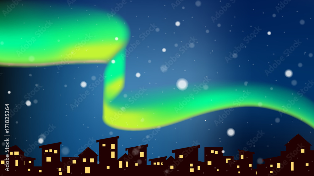 Fototapeta premium Aurora dancing above city at night with snowfall