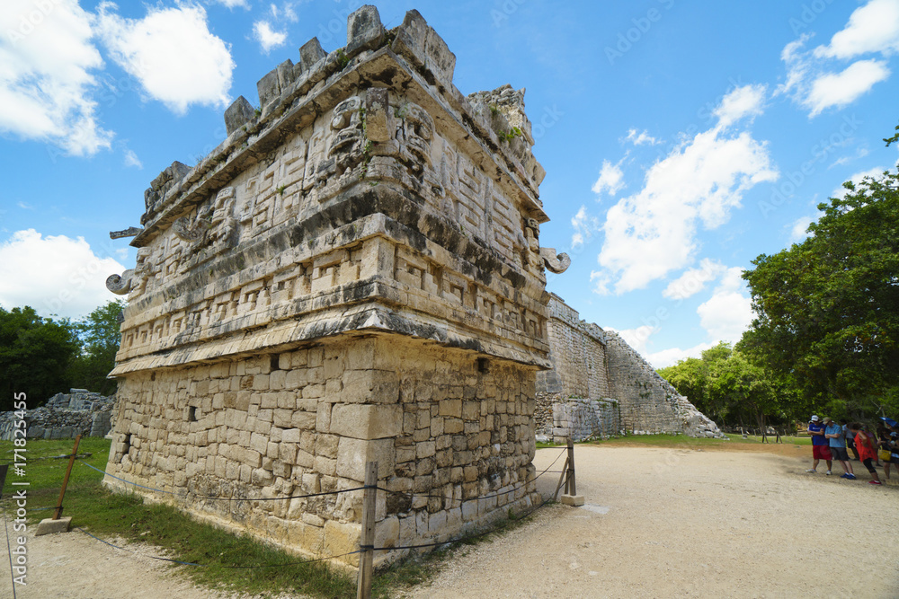 High maya column of Kukulkan in Mexico. Ancient symbol of architecture at summer sunny day